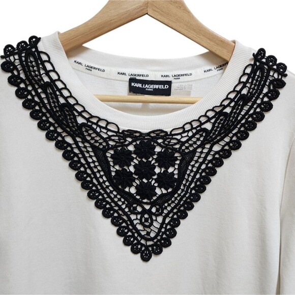 Karl Lagerfeld Sweatshirt Womens M White Black Modal Embroidered Floral Long Slv - Picture 3 of 10